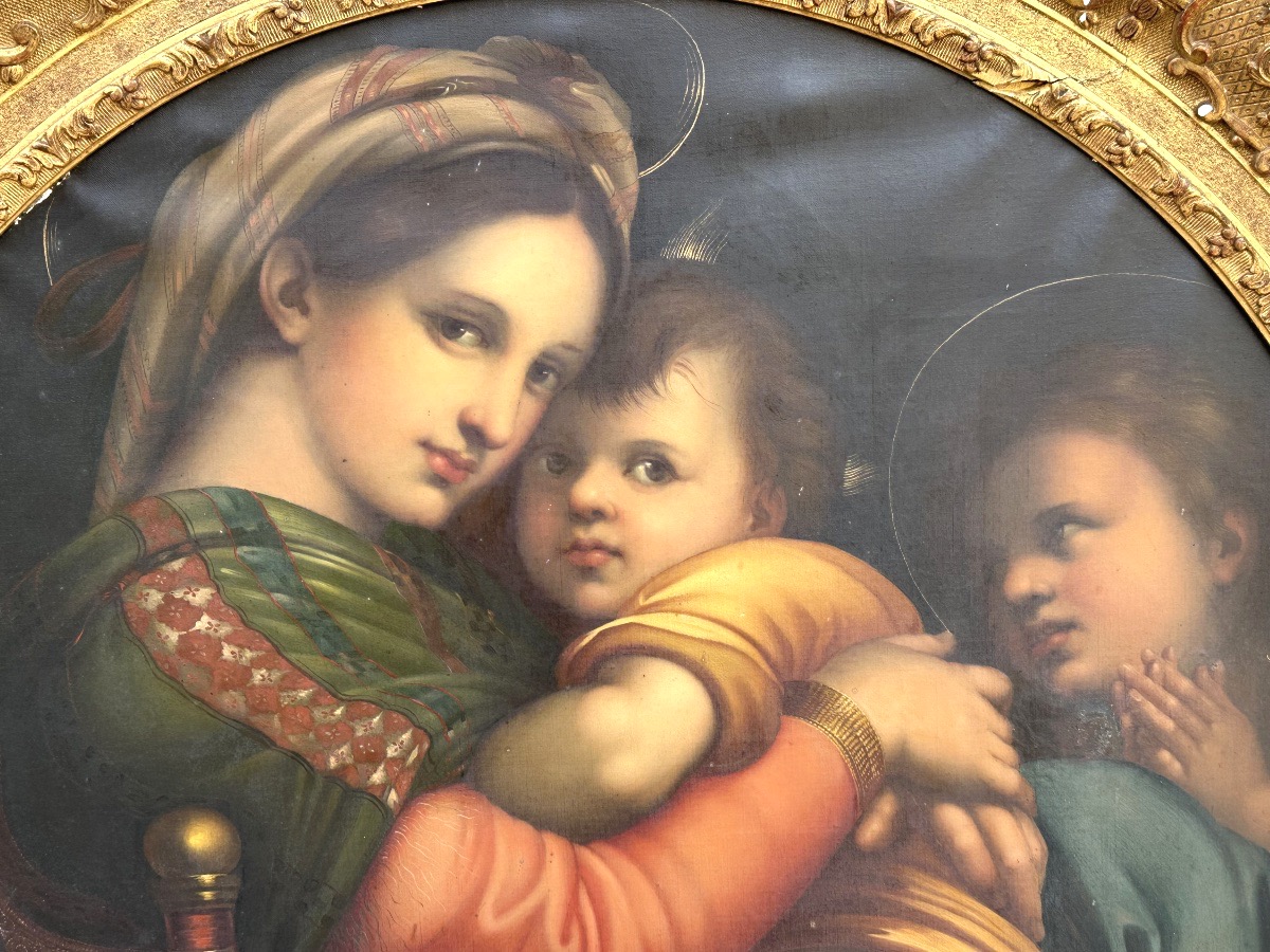 19th-century Important Oil Painting *the Virgin On A Chair*, After Raphael, 93 Cm, Tondo-photo-2