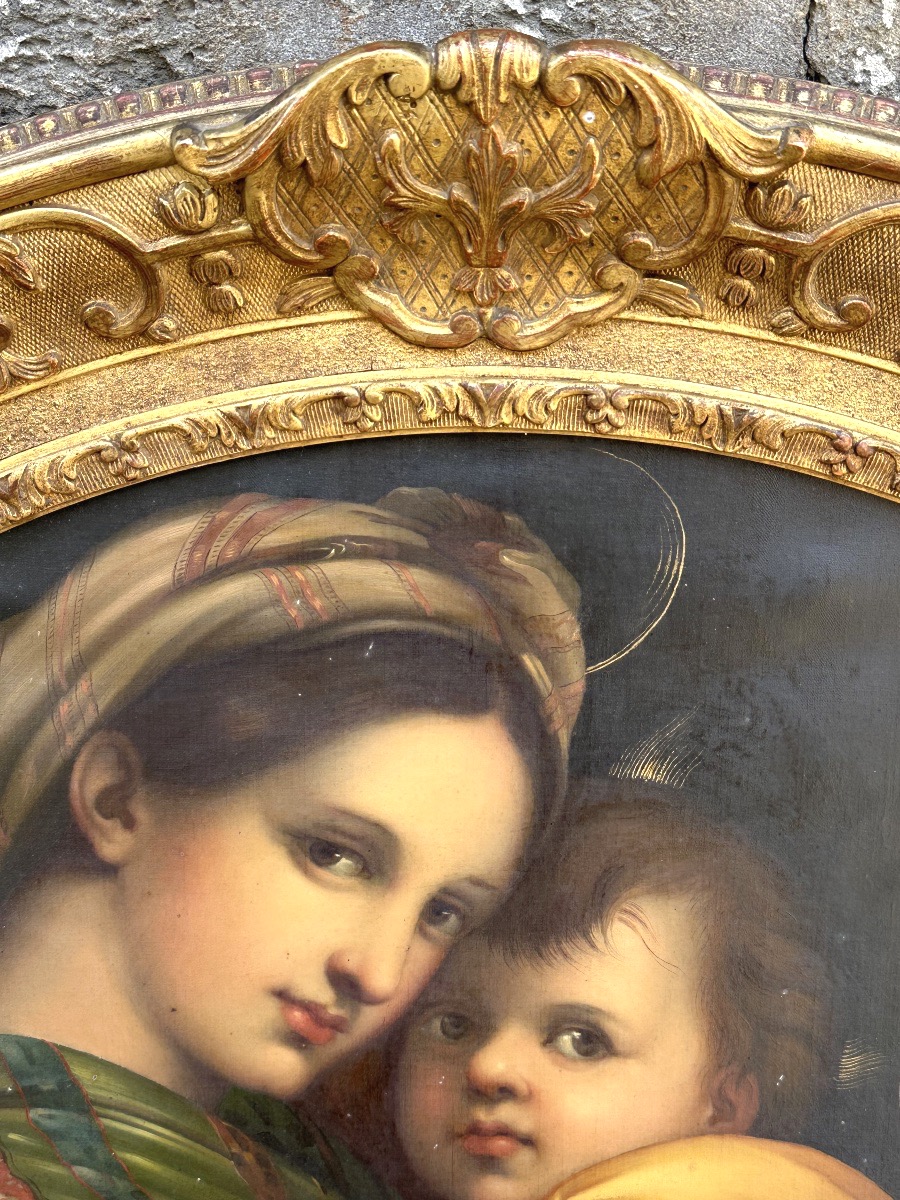 19th-century Important Oil Painting *the Virgin On A Chair*, After Raphael, 93 Cm, Tondo-photo-3