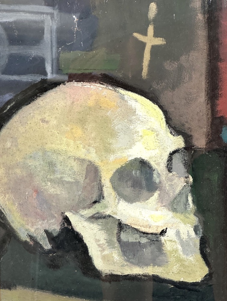 Vanité huile sur toile encadrée Memento Mori crâne 1940-photo-2
