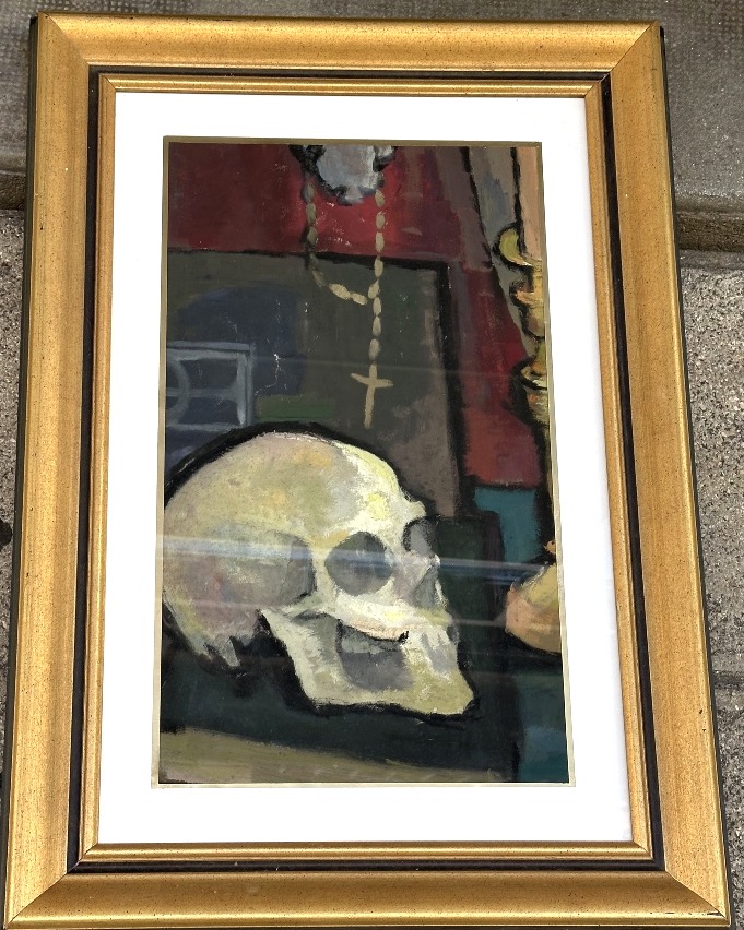 Vanité huile sur toile encadrée Memento Mori crâne 1940-photo-1