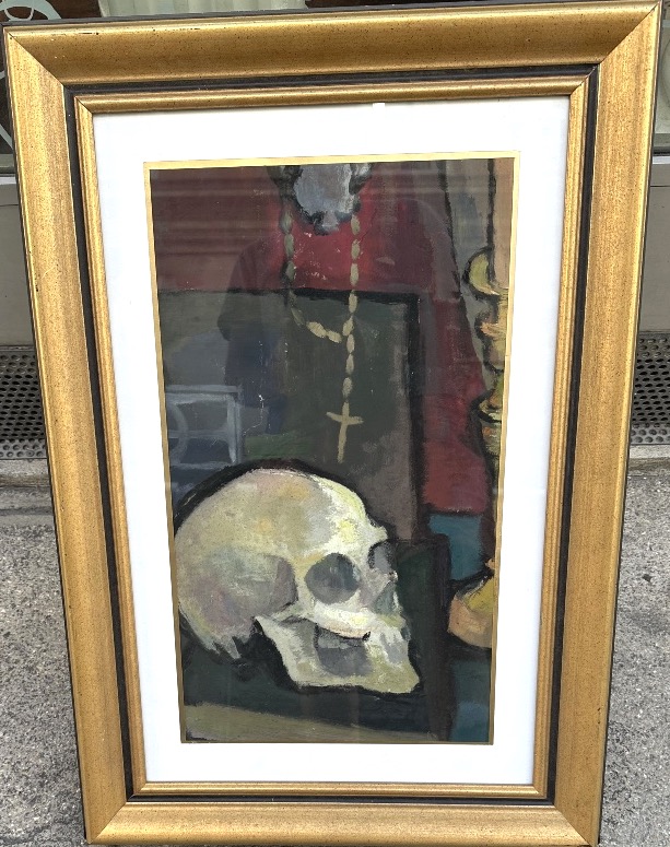 Vanité huile sur toile encadrée Memento Mori crâne 1940