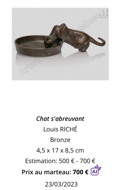 Louis Riché 1877–1949 Very Rare Bronze Sculpture *cats Drinking*, Cast By Patrouilleau, Signed “cat Sculpture” -photo-4