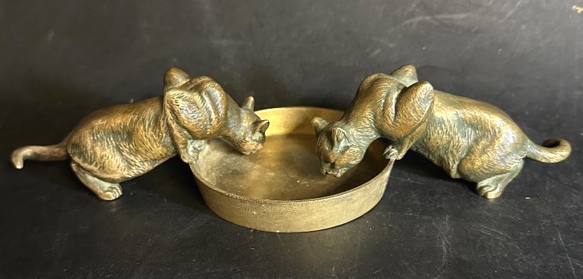 Louis Riché 1877–1949 Very Rare Bronze Sculpture *cats Drinking*, Cast By Patrouilleau, Signed “cat Sculpture” 