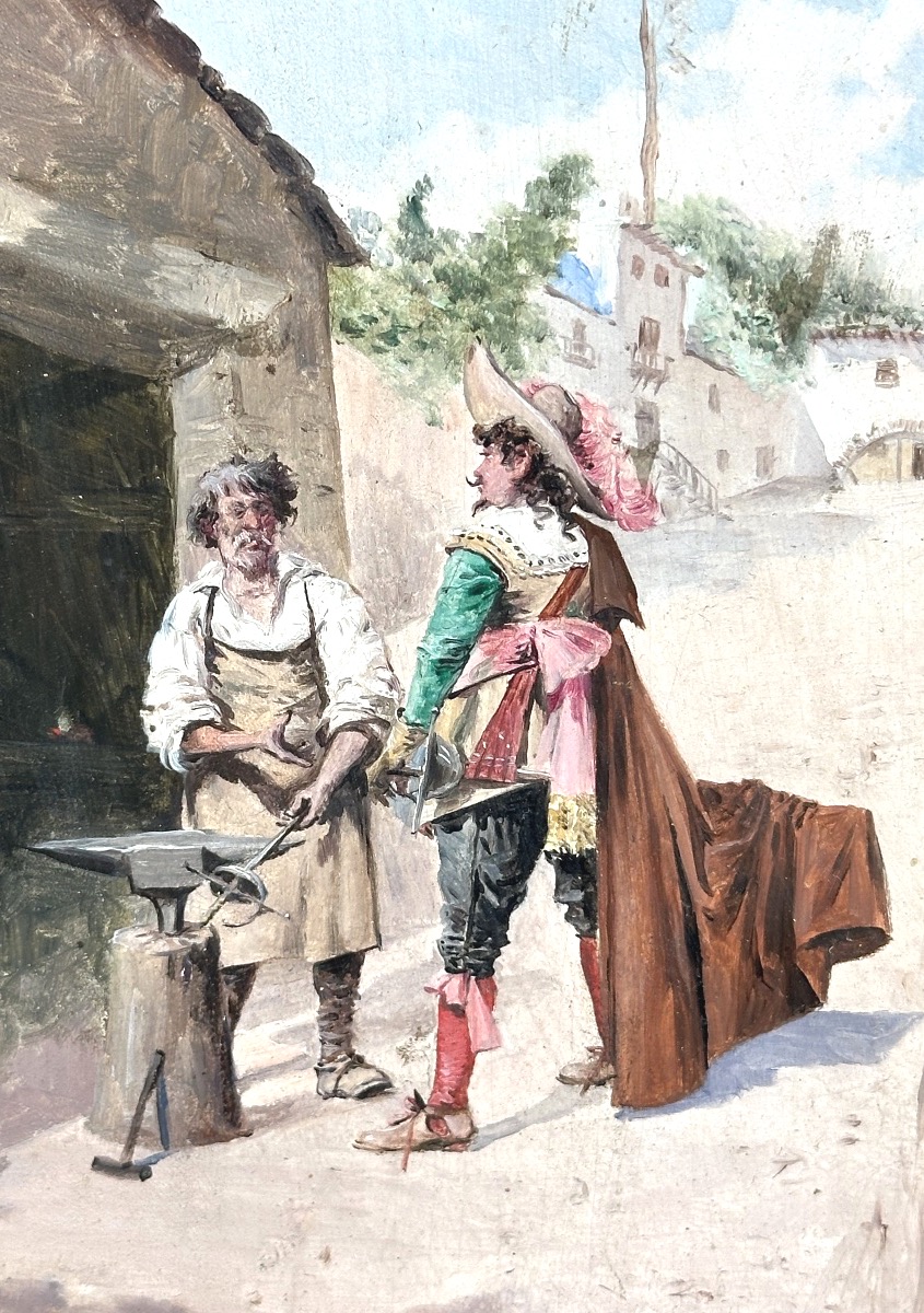 Enrique ATALAYA 1851-1913 Huile encadrée 19eMousquetaire à l’épée et forgeron Espagne -photo-2