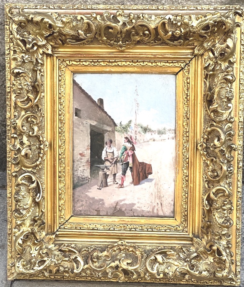 Enrique ATALAYA 1851-1913 Huile encadrée 19eMousquetaire à l’épée et forgeron Espagne 