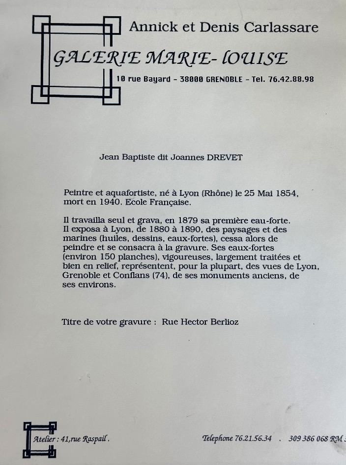 Joannes DREVET 1854-1940 rue Hector Berlioz Grenoble eau-forte encadrée Alpes Dauphiné-photo-2