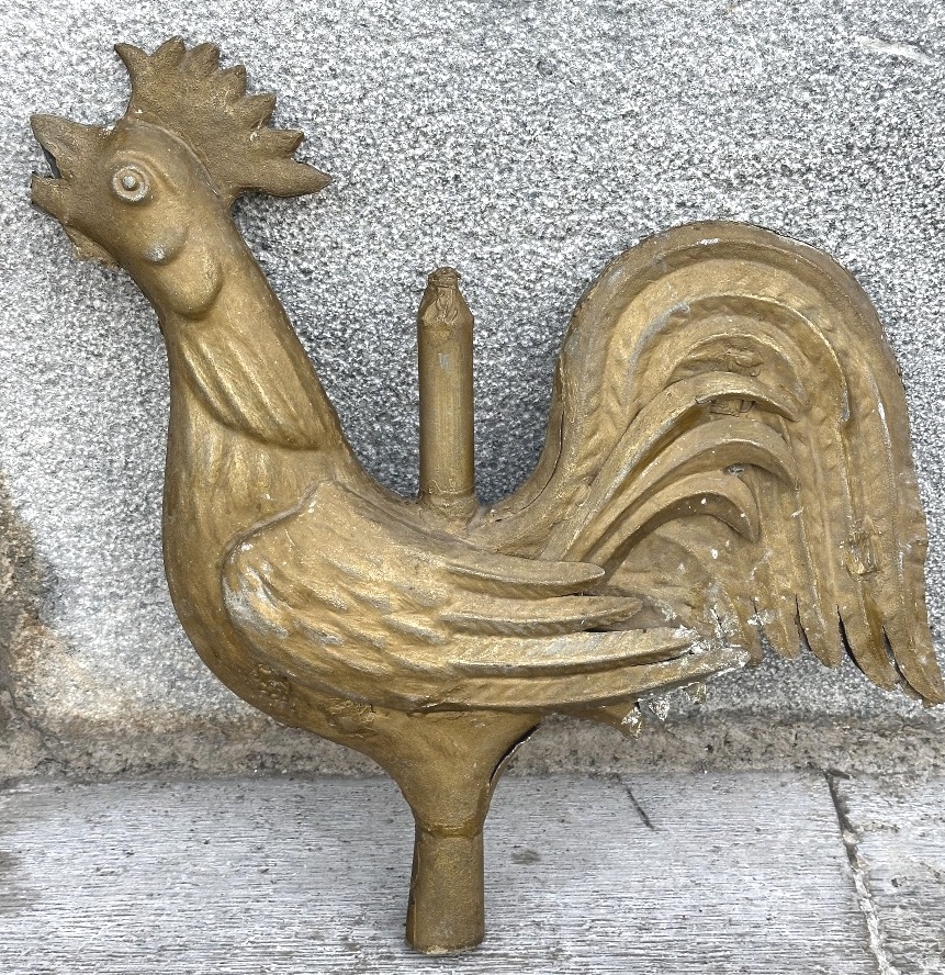 Ancien coq de clocher girouette XIXe en zinc doré Art populaire