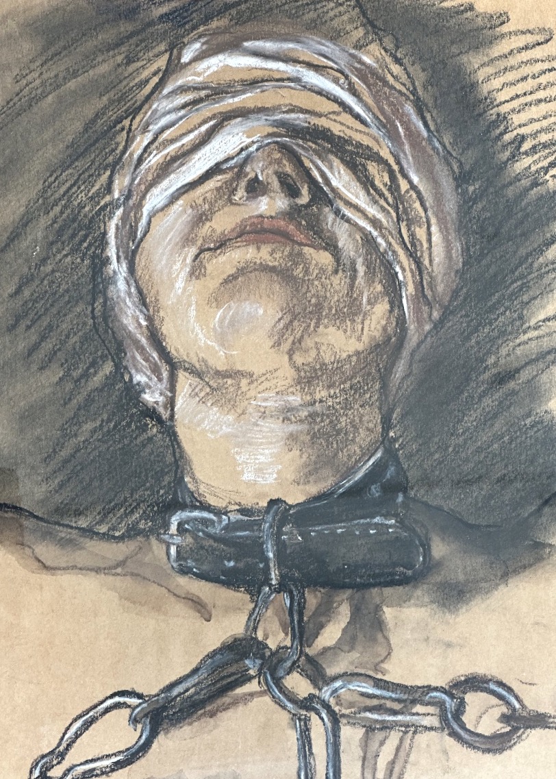 Curieux fusain et gouache Torturé aux chaînes et bandeau signé Art expressionniste SM-photo-4