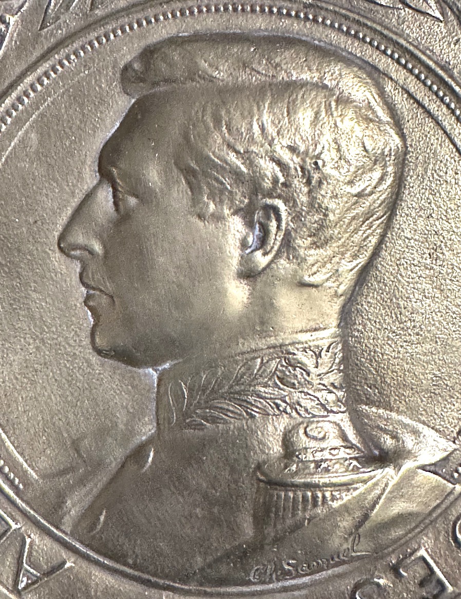 Rare plaque bronze Albert Roi des Belges sculpteur Charles Samuel 1862-1939 couronne Belgique -photo-3