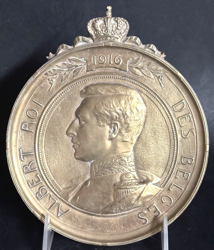 Rare plaque bronze Albert Roi des Belges sculpteur Charles Samuel 1862-1939 couronne Belgique 