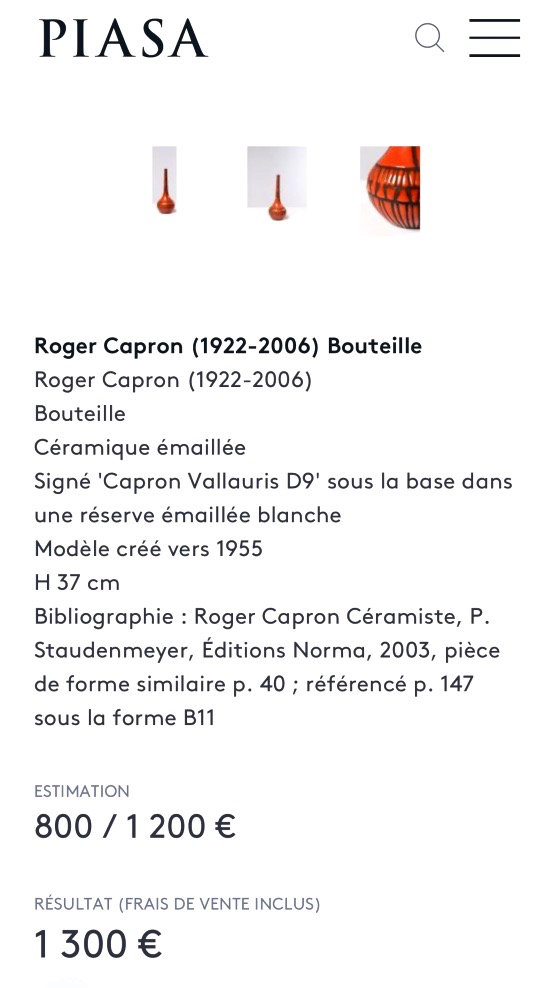 Roger CAPRON 1922-2006 grand vase bouteille 1955 Vallauris signé rouge -photo-3