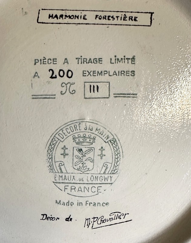 Important plat ÉMAUX de LONGWY Décor CHEVALIER Oiseau de Paradis 1925 Phœnix signé -photo-2