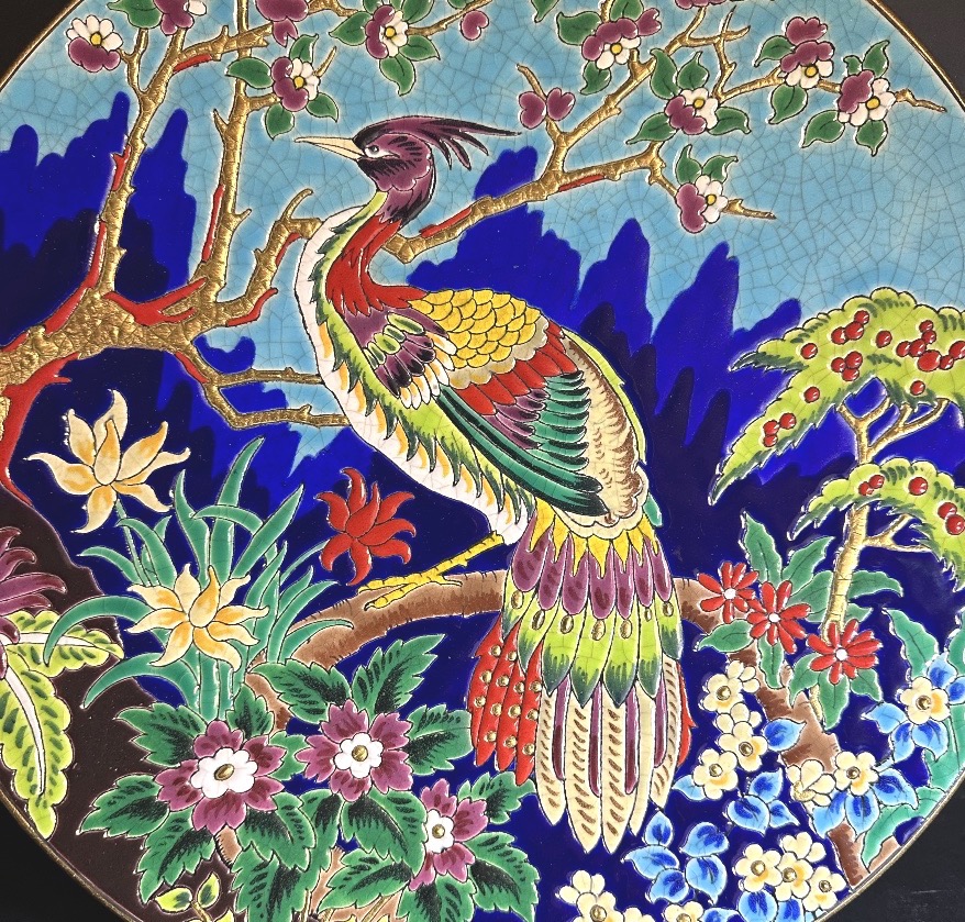 Important plat ÉMAUX de LONGWY Décor CHEVALIER Oiseau de Paradis 1925 Phœnix signé -photo-4