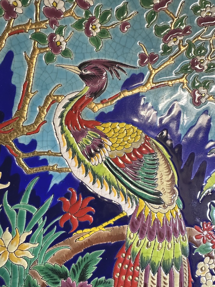 Important plat ÉMAUX de LONGWY Décor CHEVALIER Oiseau de Paradis 1925 Phœnix signé -photo-2