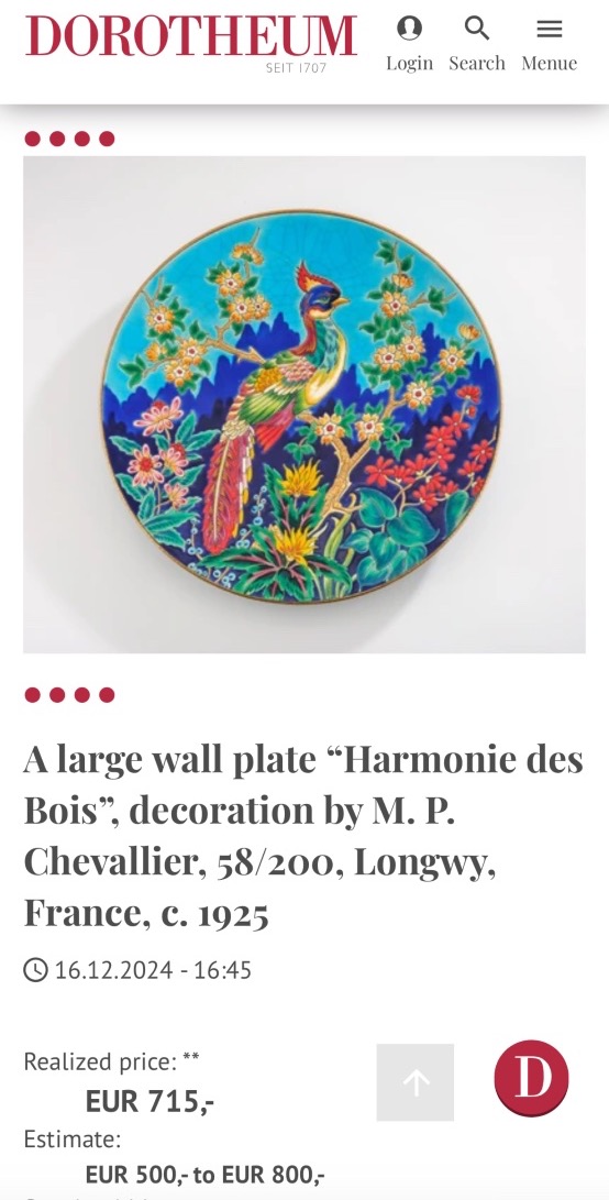 Important plat ÉMAUX de LONGWY Décor CHEVALIER Oiseau de Paradis 1925 Phœnix signé -photo-3