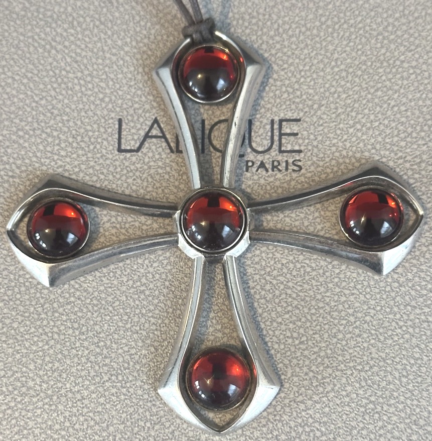 LALIQUE grand pendentif croix OSMOSE en argent massif Écrin d’origine Cristal rouge-photo-3
