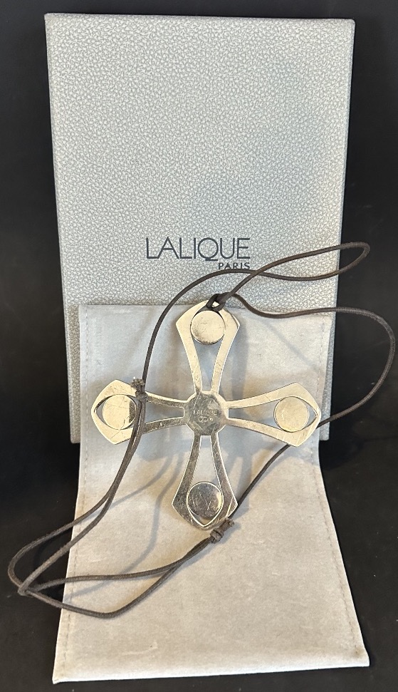 LALIQUE grand pendentif croix OSMOSE en argent massif Écrin d’origine Cristal rouge-photo-1