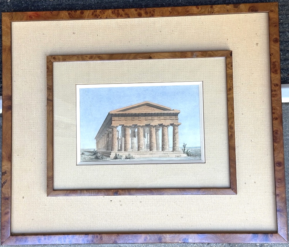 Aquarelle XIXe temple de Neptune Paestum en Italie architecture antique perspective-photo-2