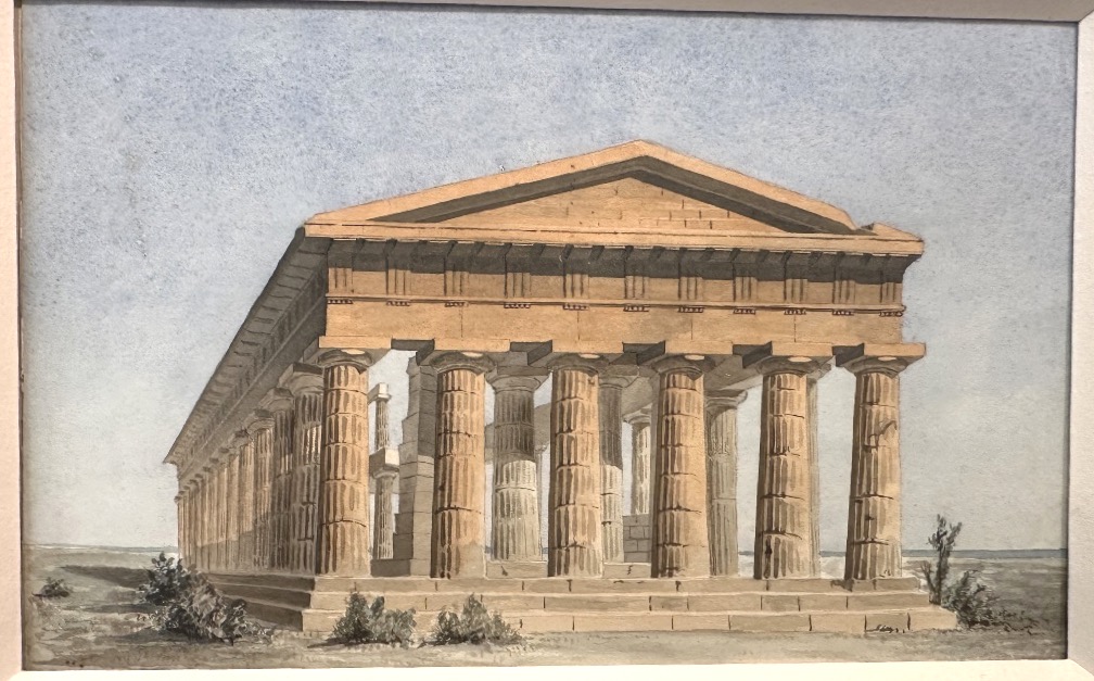 Aquarelle XIXe temple de Neptune Paestum en Italie architecture antique perspective