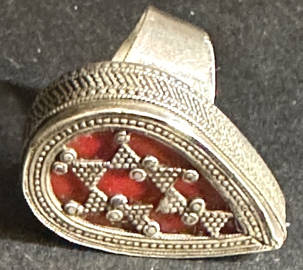 Vintage Ethnic Ring In Filigree Silver And Red Glass, 1930s, Kazakh Teardrop Shape-photo-1