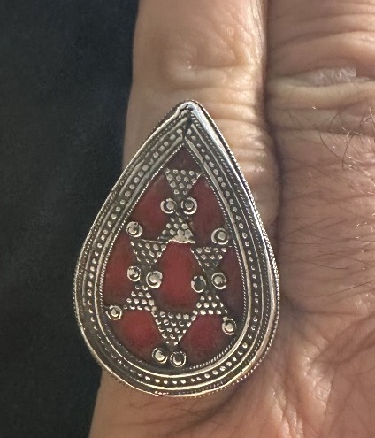 Vintage Ethnic Ring In Filigree Silver And Red Glass, 1930s, Kazakh Teardrop Shape-photo-5
