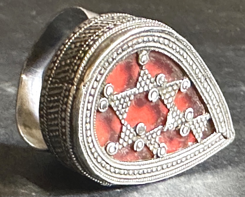 Vintage Ethnic Ring In Filigree Silver And Red Glass, 1930s, Kazakh Teardrop Shape