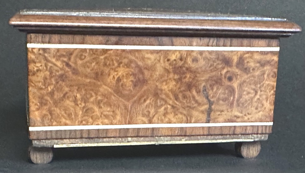 Boîte Coffret pyrogène 19e Chiffré AD En loupé de bois et filets d’os-photo-2