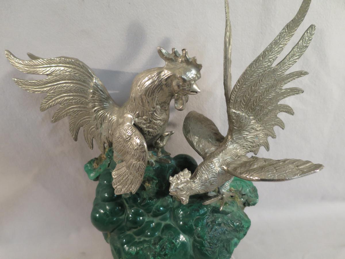 Sculpture Roosters Fight On A Block Of Malachite Brut-photo-3