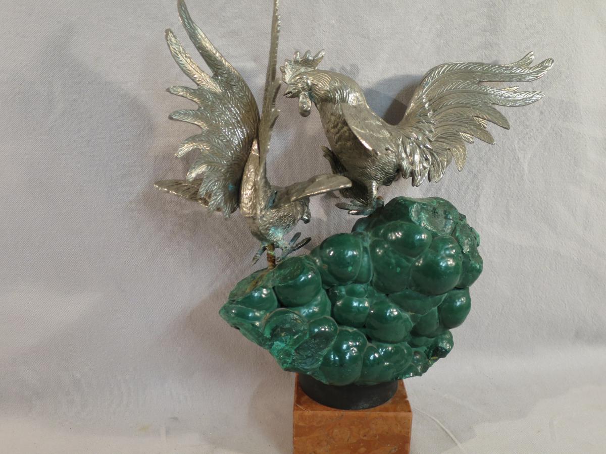 Sculpture Roosters Fight On A Block Of Malachite Brut-photo-4