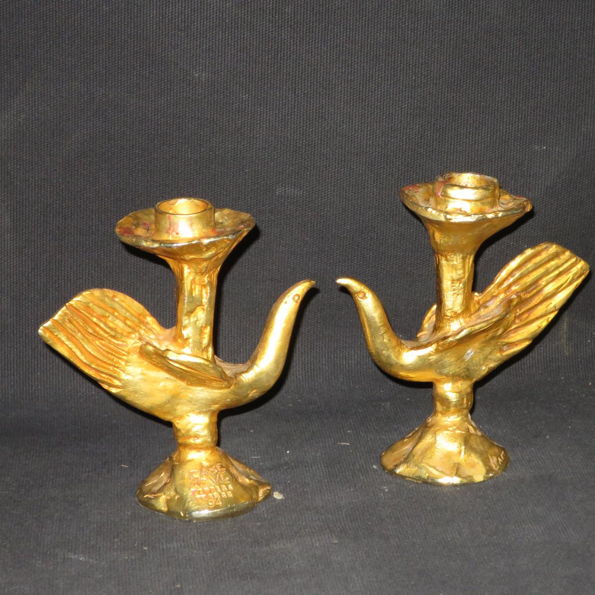 Pierre CASENOVE paire de lampes bougeoirs OISEAUX en bronze doré FONDICA -photo-2