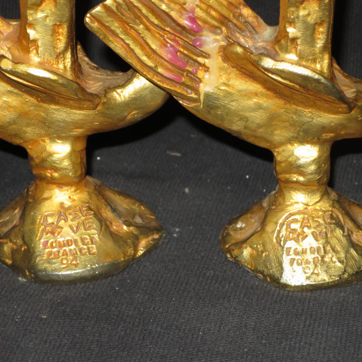 Pierre CASENOVE paire de lampes bougeoirs OISEAUX en bronze doré FONDICA -photo-3