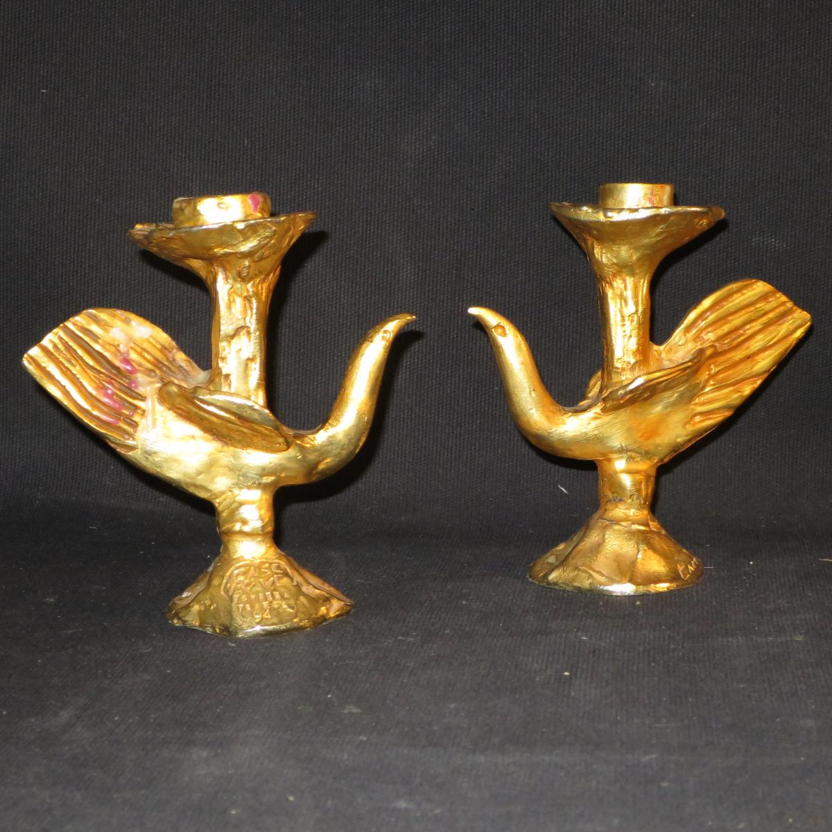 Pierre CASENOVE paire de lampes bougeoirs OISEAUX en bronze doré FONDICA -photo-4