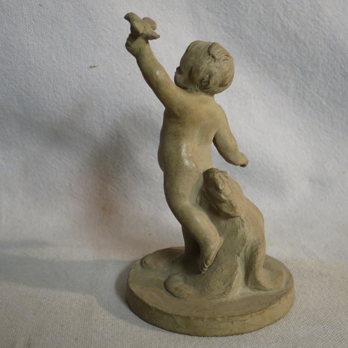 Simon Louis BOIZOT rare sculpture en terre cuite XVIIIe Enfant à l'oiseau putto-photo-6