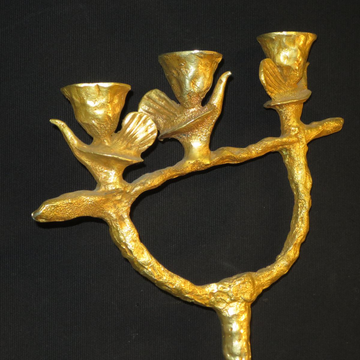 Pierre Casenove Candlestick Triple Birds Gilt Bronze Candelabra Lamps Fondica-photo-1