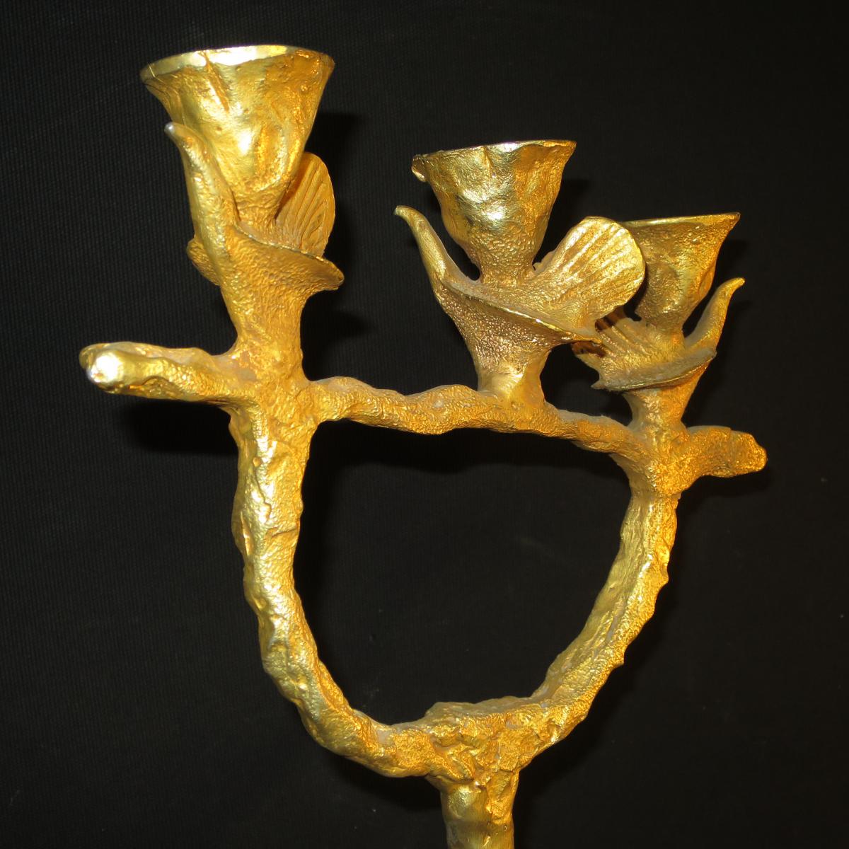 Pierre Casenove Candlestick Triple Birds Gilt Bronze Candelabra Lamps Fondica-photo-4