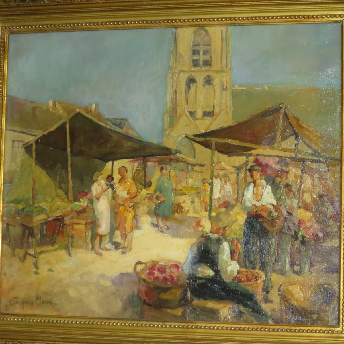 Jacques MADYOL (1871-1950) Le marché aux fleurs en Provence ( Toulon Nice ?) Grande huile sur toile-photo-2
