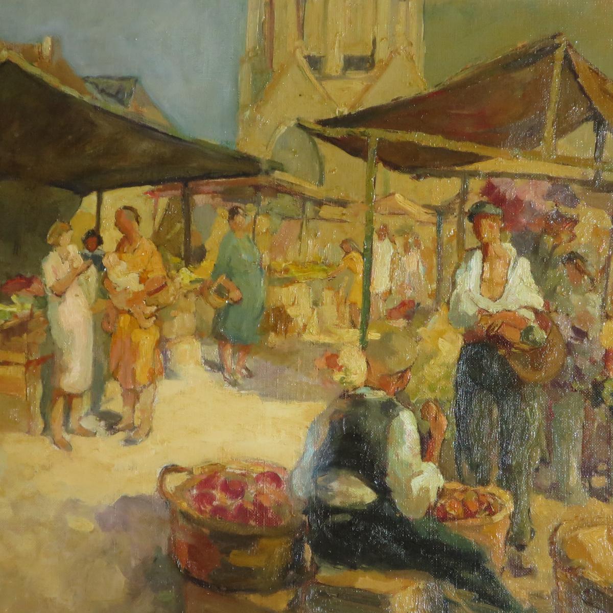 Jacques MADYOL (1871-1950) Le marché aux fleurs en Provence ( Toulon Nice ?) Grande huile sur toile-photo-3