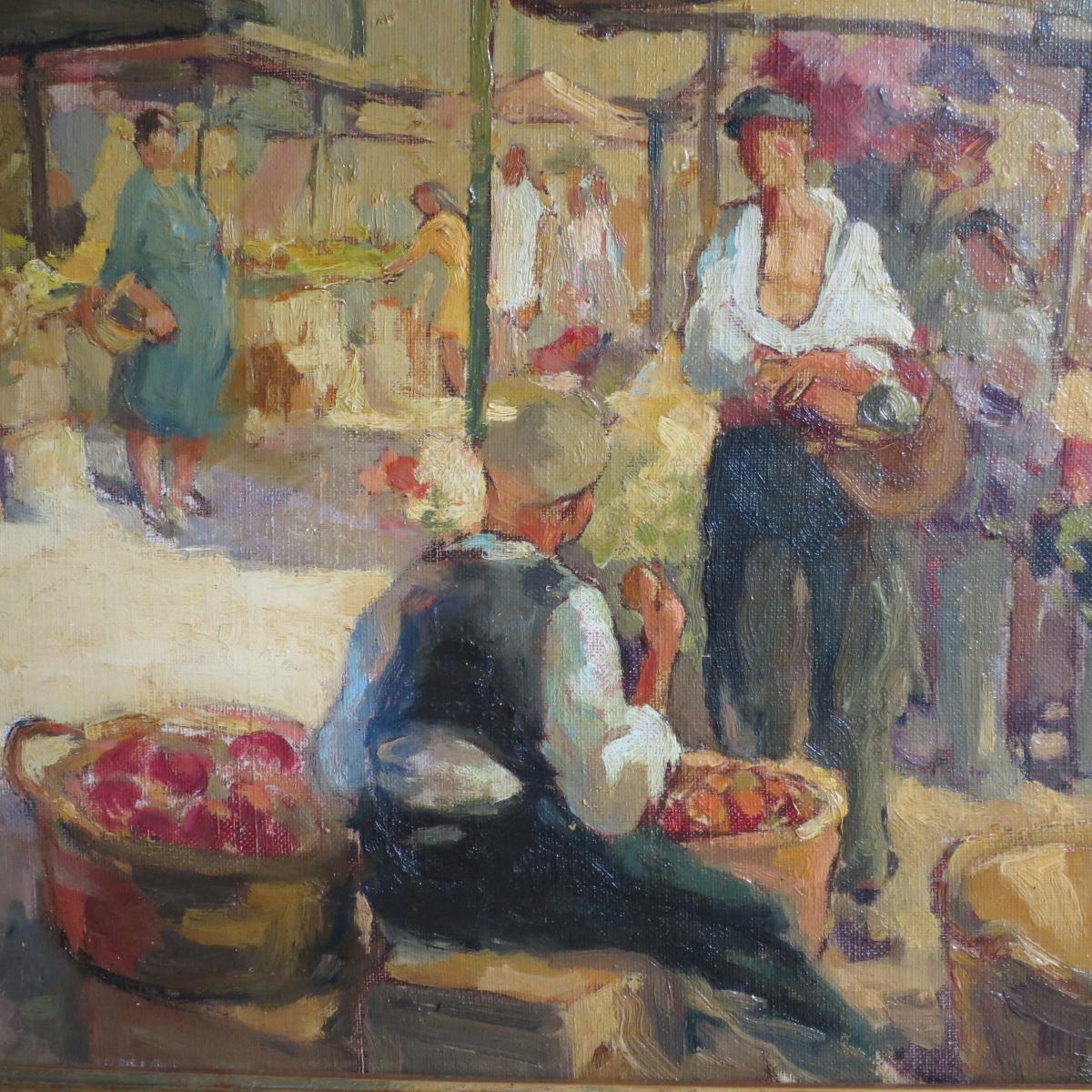 Jacques MADYOL (1871-1950) Le marché aux fleurs en Provence ( Toulon Nice ?) Grande huile sur toile-photo-1