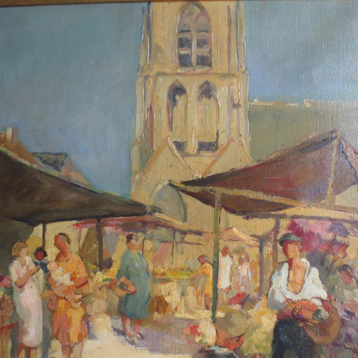 Jacques MADYOL (1871-1950) Le marché aux fleurs en Provence ( Toulon Nice ?) Grande huile sur toile-photo-3