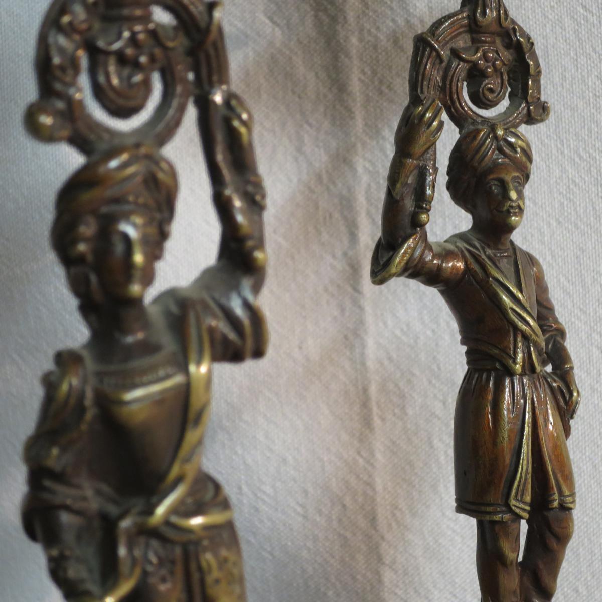 Pair Of Turkish Candlesticks In Bronze With Double Patina XIXth Epoch Restoration Turkish-photo-1