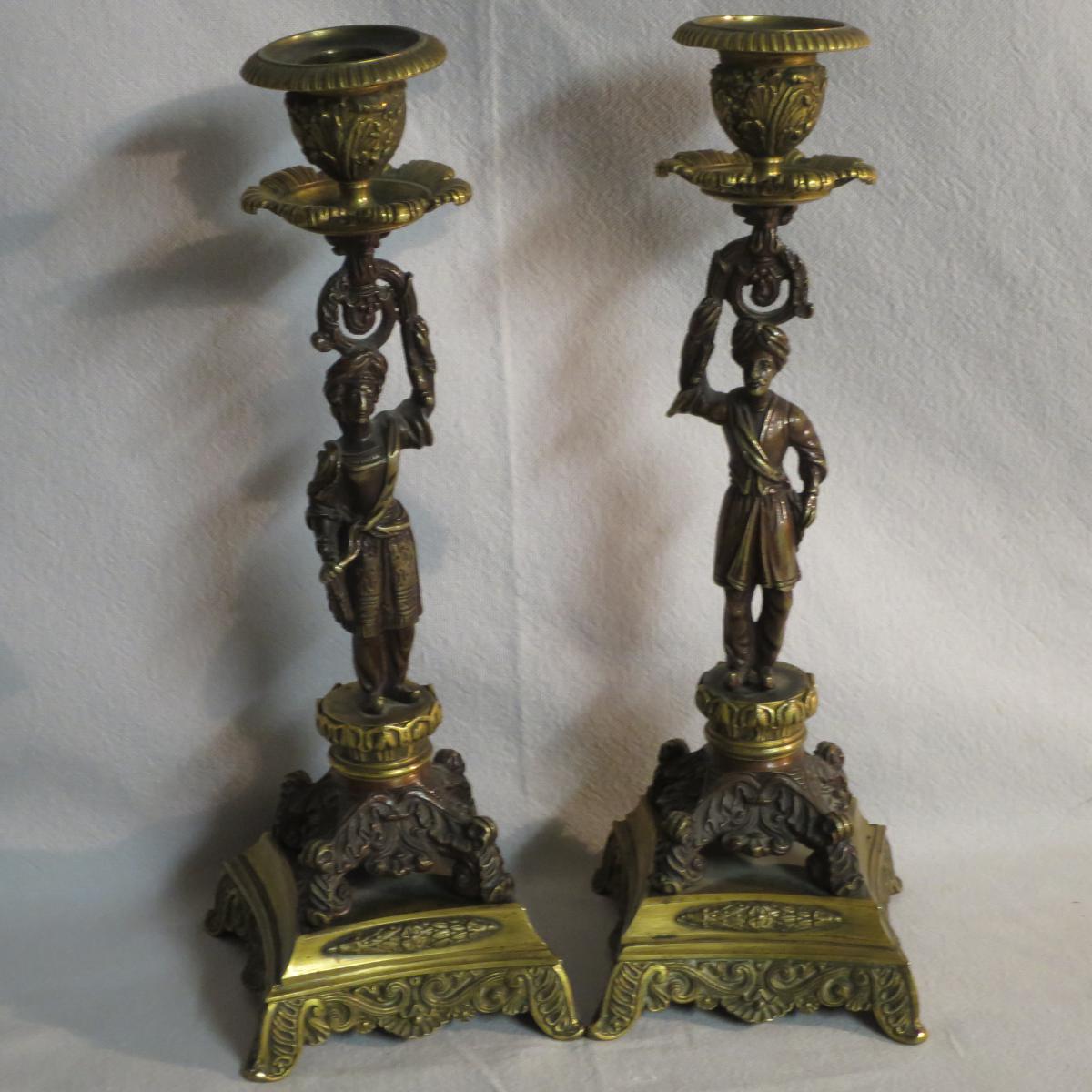 Pair Of Turkish Candlesticks In Bronze With Double Patina XIXth Epoch Restoration Turkish-photo-2