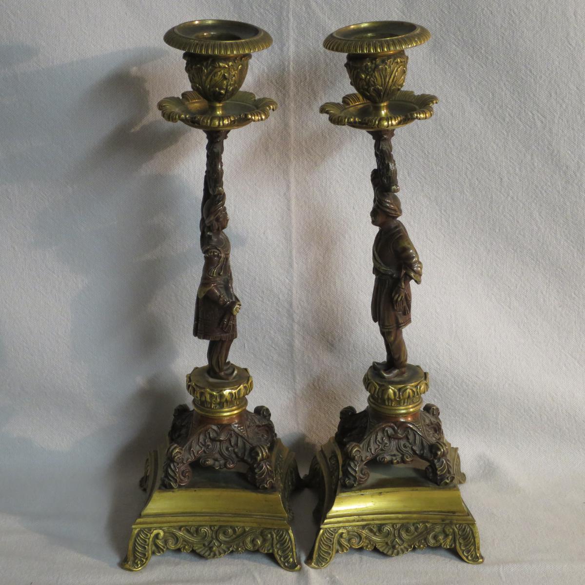 Pair Of Turkish Candlesticks In Bronze With Double Patina XIXth Epoch Restoration Turkish-photo-3