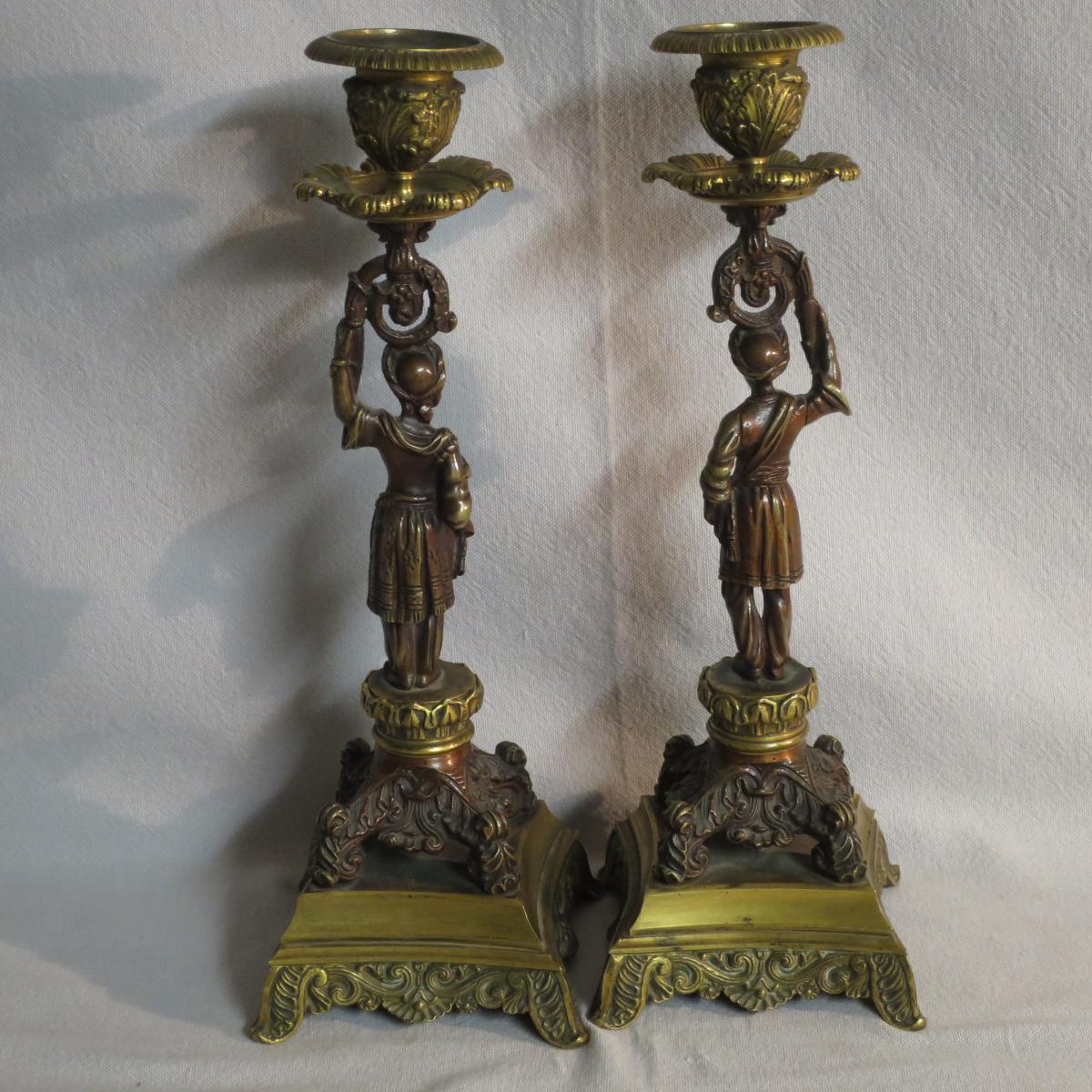 Pair Of Turkish Candlesticks In Bronze With Double Patina XIXth Epoch Restoration Turkish-photo-4