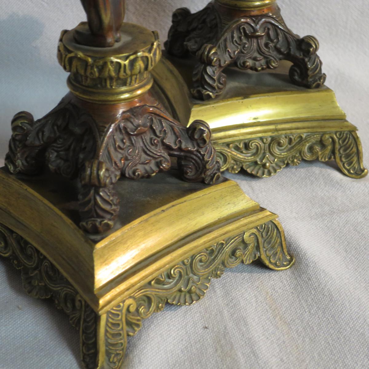 Pair Of Turkish Candlesticks In Bronze With Double Patina XIXth Epoch Restoration Turkish-photo-5