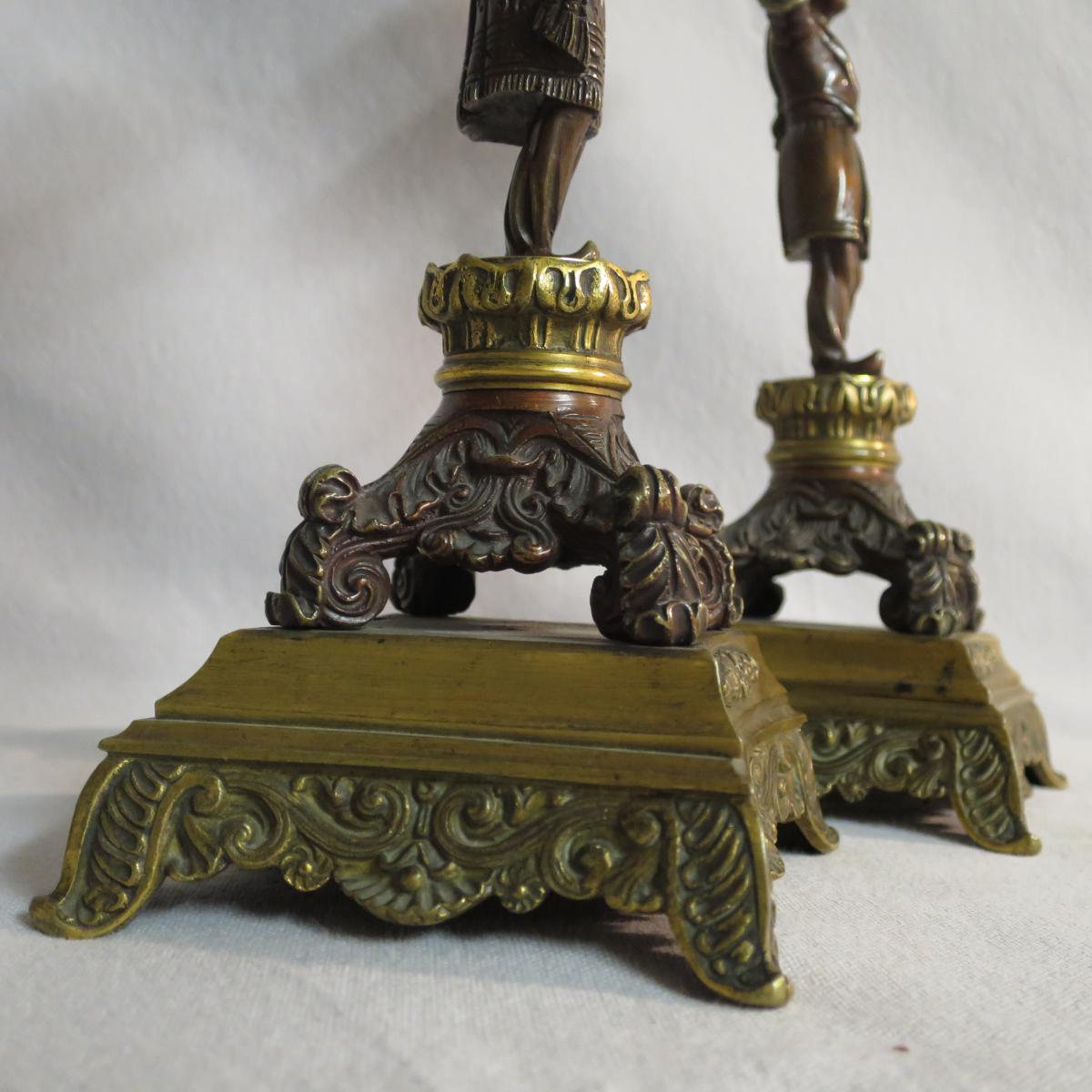 Pair Of Turkish Candlesticks In Bronze With Double Patina XIXth Epoch Restoration Turkish-photo-7