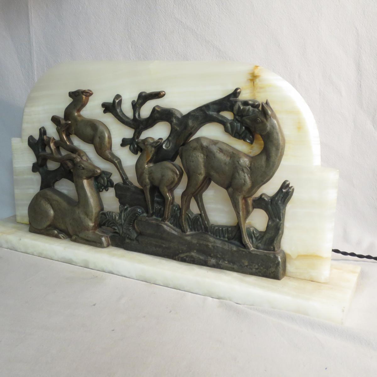 LAMPE ART DECO bas relief cerf et biche en TBE-photo-2