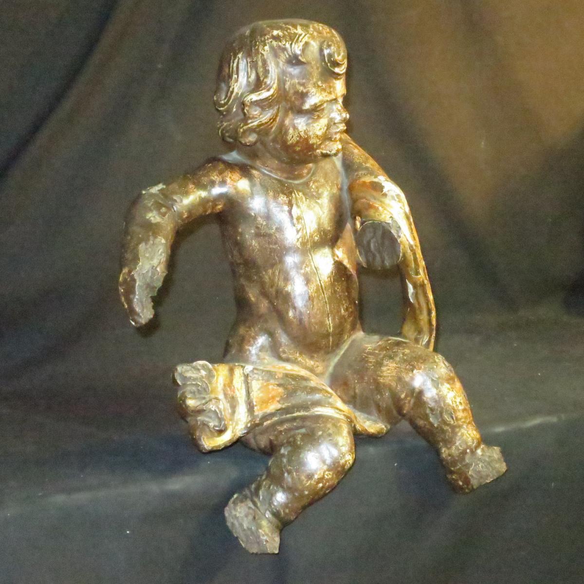 GRAND PUTTO en bois sculpté XVIIIe chérubin avec traces de dorure putti ange
