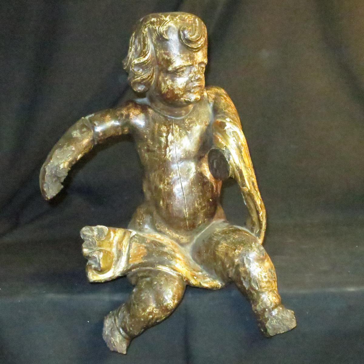 GRAND PUTTO en bois sculpté XVIIIe chérubin avec traces de dorure putti ange-photo-3