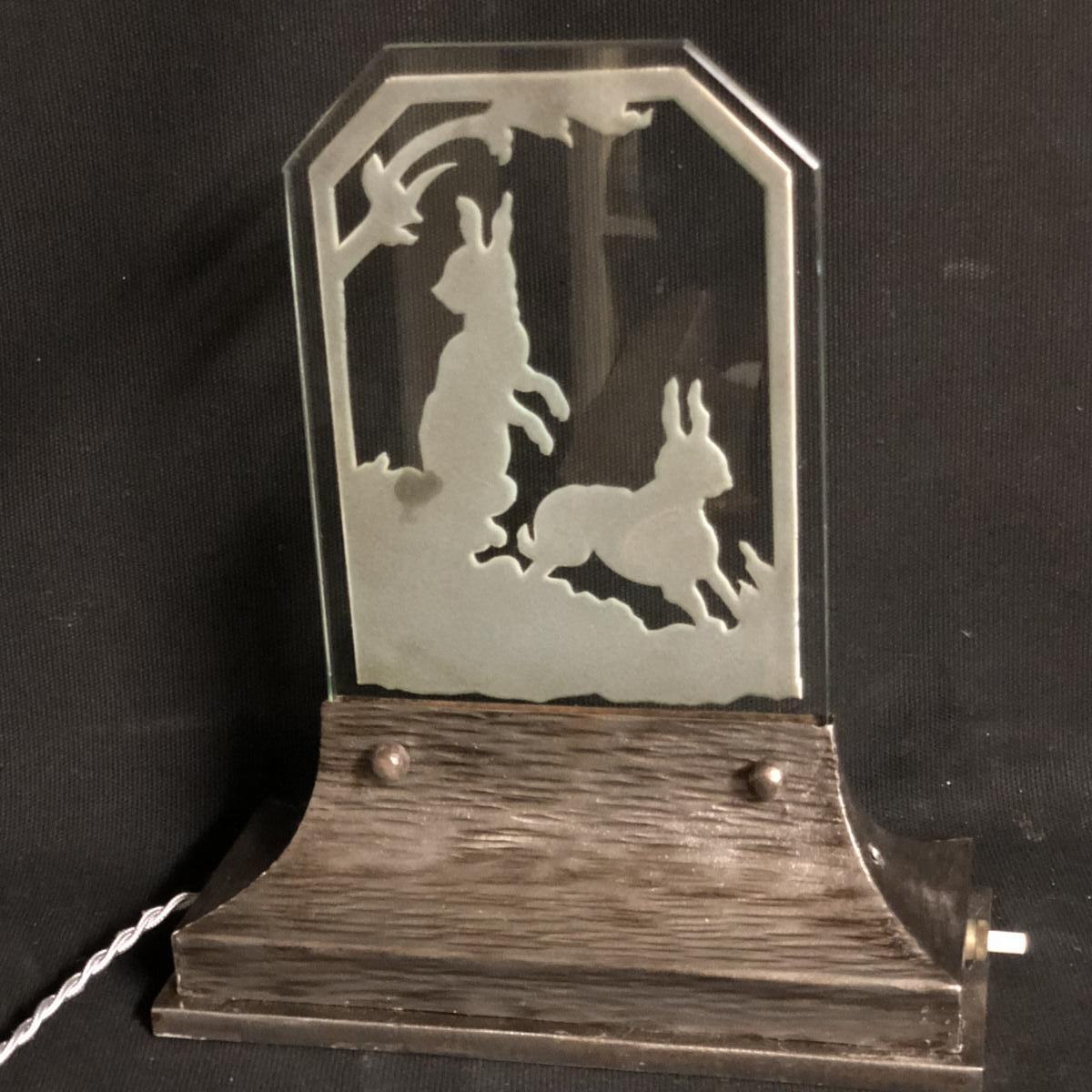 RARE LAMPE LAPINS Art Deco en fer forgé et verre acide veilleuse lapin-photo-2