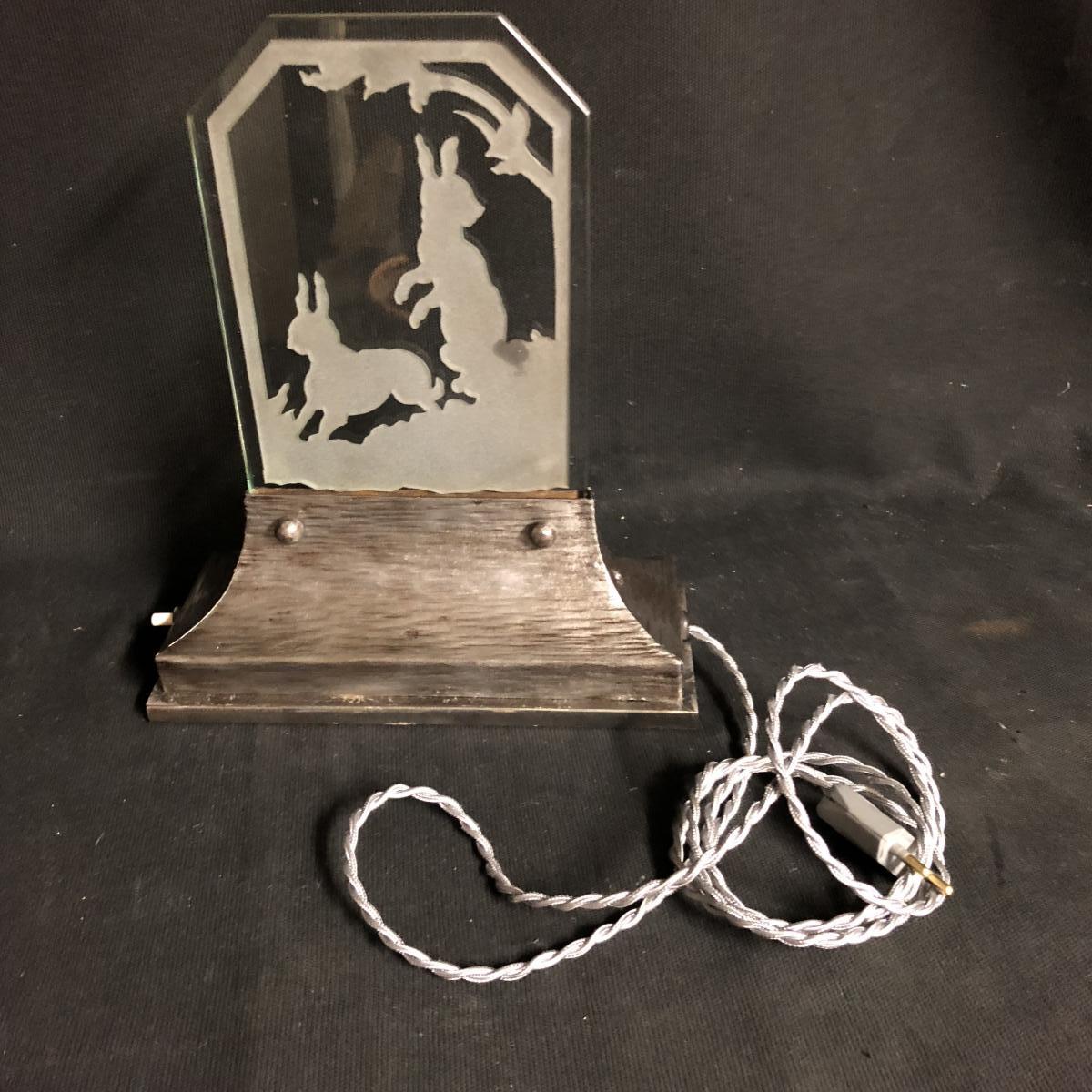 RARE LAMPE LAPINS Art Deco en fer forgé et verre acide veilleuse lapin-photo-6